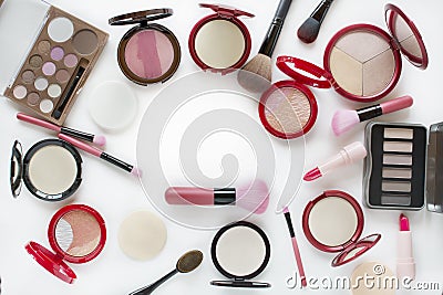 Top view beautiful vivid various item makeup kit Stock Photo