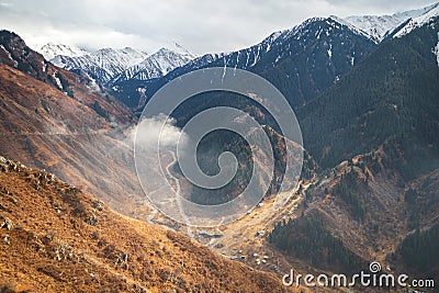 Top view of the big Almaty gorge and the bear gorge and the visit center ayusai on crossroad Stock Photo