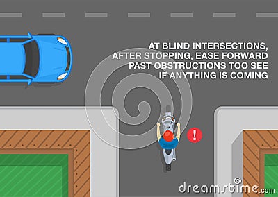 Top view of a biker standing at blind intersection. Move forward past obstructions to see if anything is coming. Vector Illustration