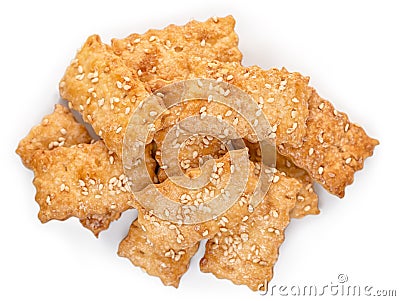 Top view of biscuit sweet cookie cracker with sesame isolated on Stock Photo