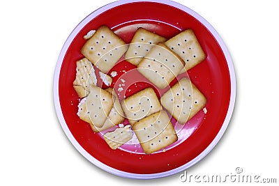 Top view Biscuits in Red plate on white background Stock Photo