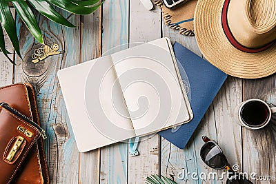 Top view of a blank open notebook, passport, and various tourist accessories arranged on the table, Generated AI Stock Photo