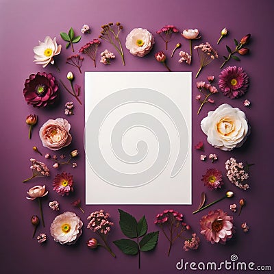 A blank piece of paper surrounded by a variety of blooms. Flowers Background, Mockup Stock Photo
