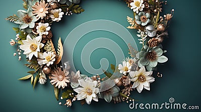 Top view of Blooming colorful wreath flowers and petals on background, Floral frame composition, copy space, flat lay Stock Photo