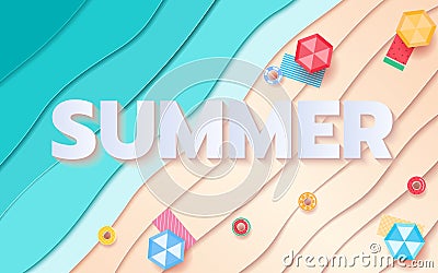 Top view blue sea and beach paper waves with umbrella beach, beach blanket and fruits rubber ring. Paper cut style Vector Illustration