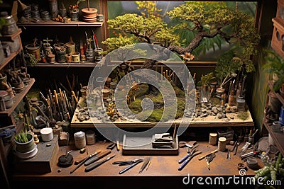 top view of a bonsai artists workbench Stock Photo