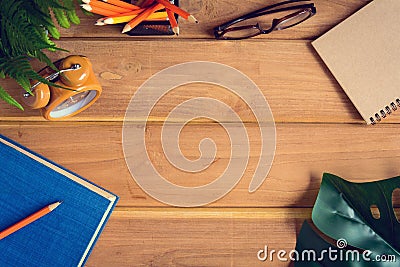 top view book and pencil note on wood table Stock Photo