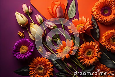 top view of bouquet of gerberas and tulips on purple background. ai generated Stock Photo