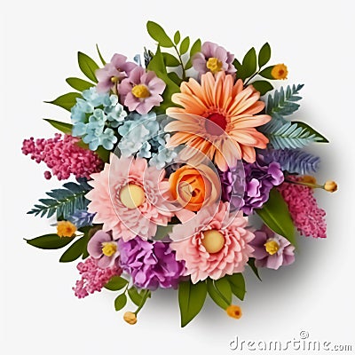 A top view of a bouquet of various colorful flowers. Isolated white background. AI Generated Stock Photo