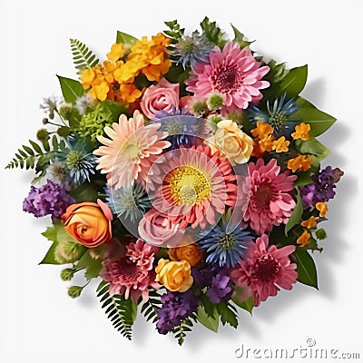 A top view of a bouquet of various colorful flowers. Isolated white background. AI Generated Stock Photo