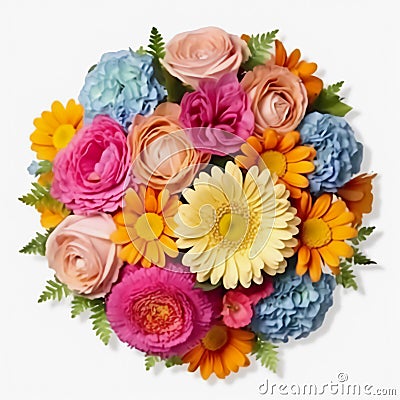 A top view of a bouquet of various colorful flowers. Isolated white background. AI Generated Stock Photo