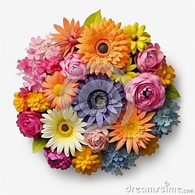 A top view of a bouquet of various colorful flowers. Isolated white background. AI Generated Stock Photo