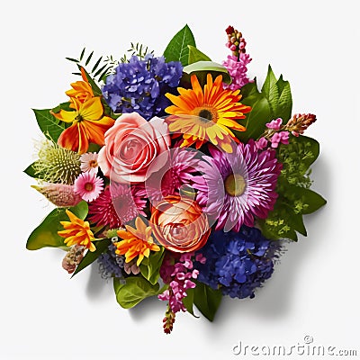 A top view of a bouquet of various colorful flowers. Isolated white background. AI Generated Stock Photo