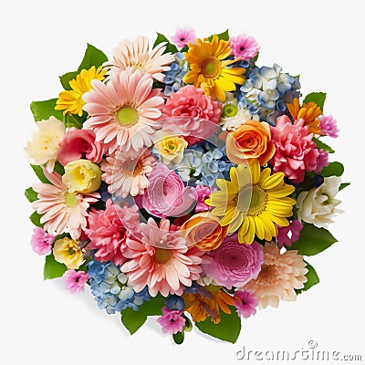 A top view of a bouquet of various colorful flowers. Isolated white background. AI Generated Stock Photo