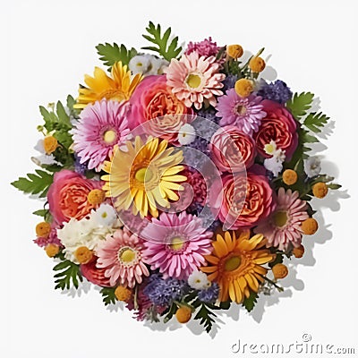 A top view of a bouquet of various colorful flowers. Isolated white background. AI Generated Stock Photo