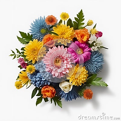 A top view of a bouquet of various colorful flowers. Isolated white background. AI Generated Stock Photo