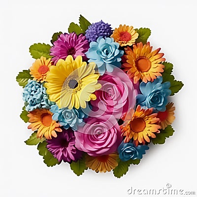 A top view of a bouquet of various colorful flowers. Isolated white background. AI Generated Stock Photo