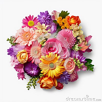 A top view of a bouquet of various colorful flowers. Isolated white background. AI Generated Stock Photo