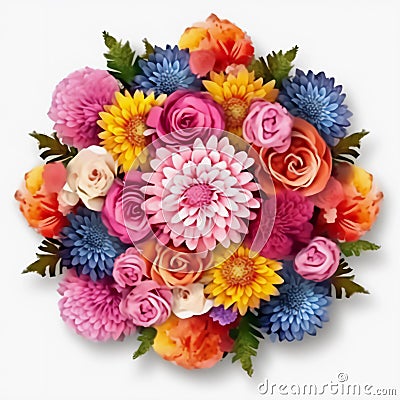 A top view of a bouquet of various colorful flowers. Isolated white background. AI Generated Stock Photo