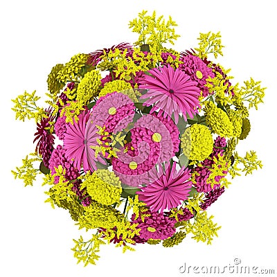 Top view bouquet of yellow and purple flowers isolated on white Stock Photo