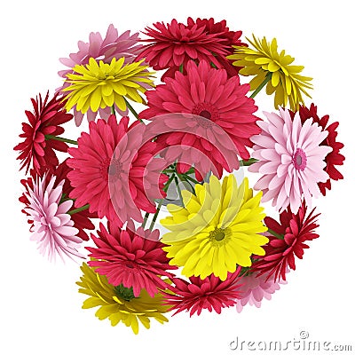 Top view bouquet of yellow red and pink flowers isolated on white Stock Photo