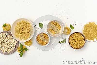 Top view bowls with different types pasta. High quality and resolution beautiful photo concept Stock Photo