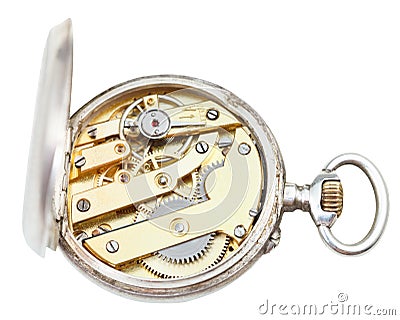 Top view of brass clockwork of retro silver watch Stock Photo