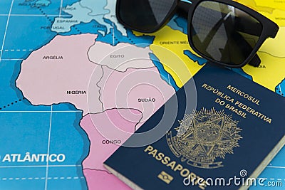 Top view of Brazilian passport over map. Focus on the North American continent. Emigration, travel, destination concept Stock Photo