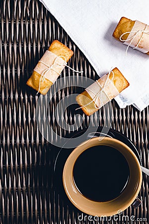 Top view of breakfast table with a cup of coffee and cakes Stock Photo