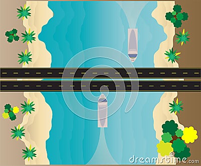 Top View of Bridge and road across the Blue Sea Vector Illustration