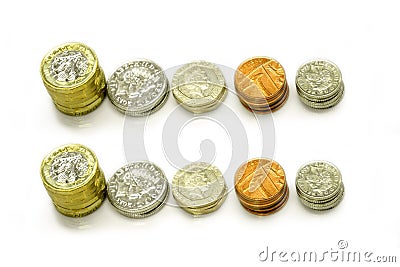 Top view of British currency coins as vertical and stack isolate on white background Editorial Stock Photo