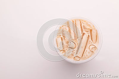 Top view bubble milk tea with ice in plastic glass on white Stock Photo