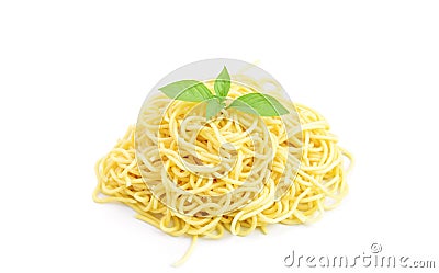 Top view of bucatini or perciatelli - pasta, spaghetti with basil isolated on a white background Stock Photo