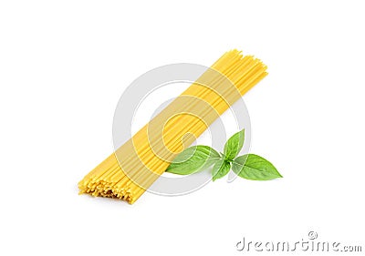 Top view of a bunch of bucatini or perciatelli - pasta, spaghetti with fresh green basil. isolated on a white background Stock Photo