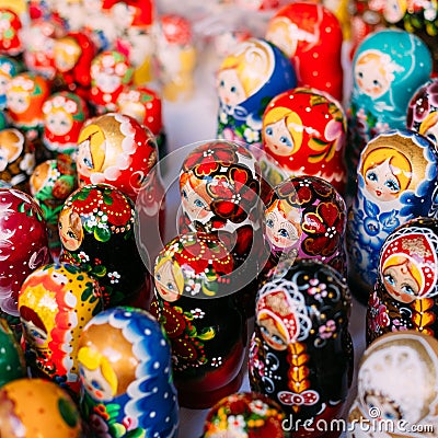 Top View Of Bunch Colorful Russian Matryoshka, Traditional Nesting Dolls, Famous Old Wooden Souvenir Editorial Stock Photo