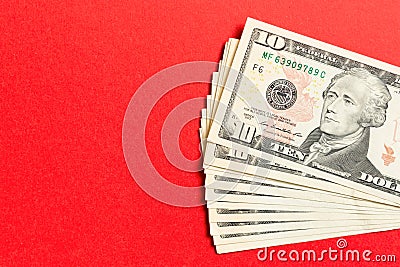 Top view of bundle of 10 dollar bill on colorful backgound. Business concept with copy space Stock Photo