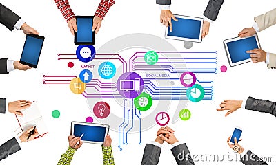 Top view of businesspeople sitting at table and using gadgets Stock Photo