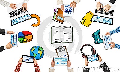 Top view of businesspeople sitting at table and using gadgets Stock Photo