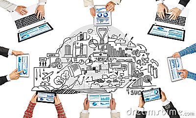 Top view of businesspeople sitting at table and using gadgets Stock Photo