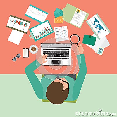 Top view of Busy businessman working his desk in office Vector Illustration