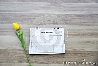 Top view of Calendar desk place on table. Desktop Calender for Planner to plan agenda, timetable, appointment, organization, Stock Photo