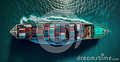 Top view of cargo sea ship with contrail in ocean ship carrying container, grain deal - AI generated image Stock Photo