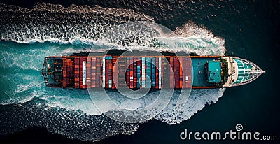 Top view of cargo sea ship with contrail in ocean ship carrying container, grain deal - AI generated image Stock Photo