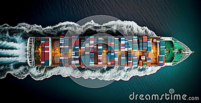 Top view of cargo sea ship with contrail in ocean ship carrying container, grain deal - AI generated image Stock Photo