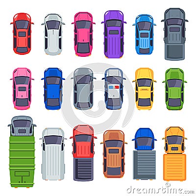 Top view cars. Auto transport, truck and car roof. City traffic vector flat isolated illustration set Vector Illustration