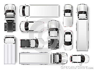 Top view of cars and trucks. Isolated realistic vehicles on a white background. Vector Vector Illustration