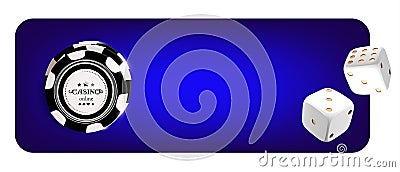 Top view of Casino poker chips, dice on blue background. Online casino wide banner with black and white chip game on Vector Illustration