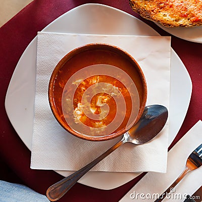 Top view of Castilian garlic soup Stock Photo