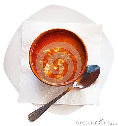 Top view of Castilian garlic soup Stock Photo