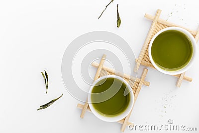 top view ceramic cups with matcha tea. High quality photo Stock Photo